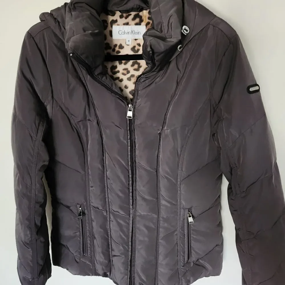 Calvin Klein Women's Dark Gray Hooded Puffer Jacket Zip Front Pockets Size Med